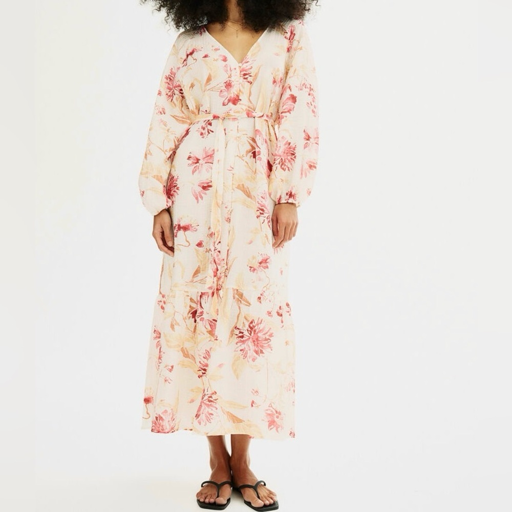 H&M Tie-Belt Crepe Floral Maxi Dress Size XL Balloon Sleeves Beach Coastal Vacay - Picture 11 of 14